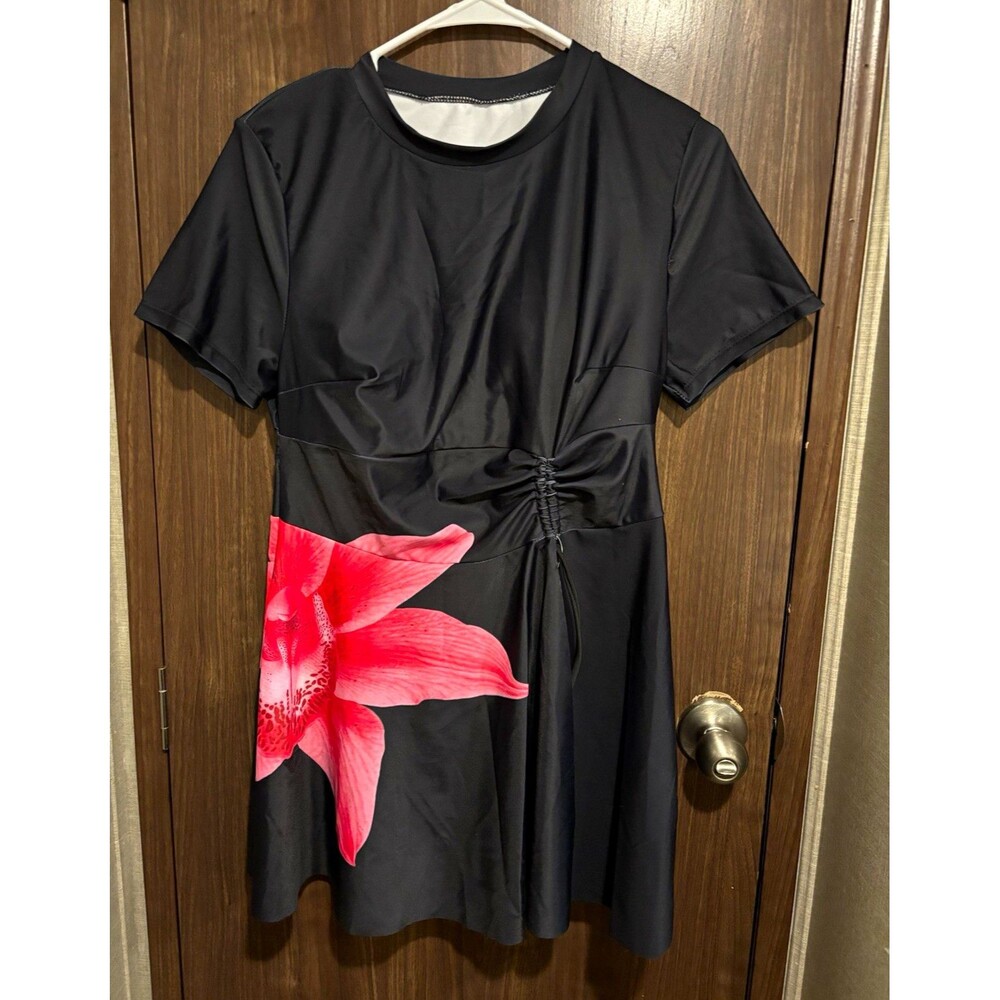 SHEIN Black Red Floral Swimsuit Top Drawstring Short Sleeve Round Neck 0XL
